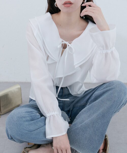 natural couture(ナチュラルクチュール)の「【sherbet line】接触冷感 ラッフル羽織ブラウス(シャツ/ブラウス・レディース・ブラック/サックスブルー/ピンクベージュ/オフホワイト・FREE)」の7枚目の写真
