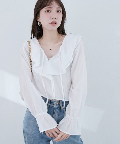 natural couture(ナチュラルクチュール)の「【sherbet line】接触冷感 ラッフル羽織ブラウス(シャツ/ブラウス・レディース・ブラック/サックスブルー/ピンクベージュ/オフホワイト・FREE)」の5枚目の写真