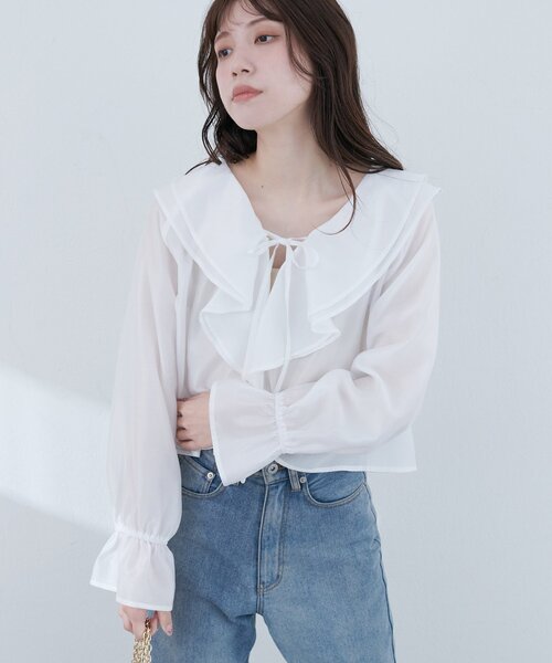 natural couture(ナチュラルクチュール)の「【sherbet line】接触冷感 ラッフル羽織ブラウス(シャツ/ブラウス・レディース・ブラック/サックスブルー/ピンクベージュ/オフホワイト・FREE)」の6枚目の写真