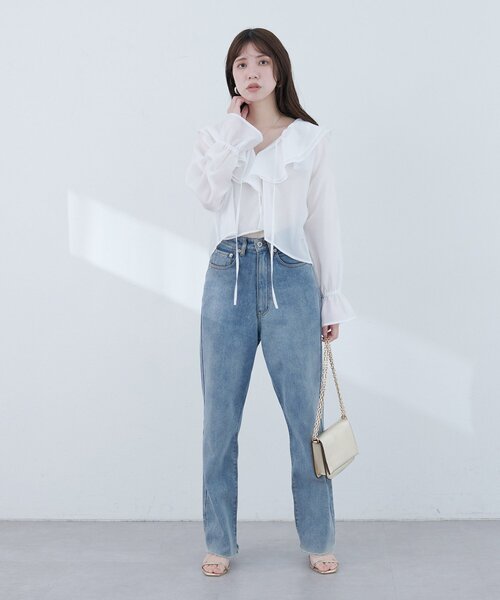natural couture(ナチュラルクチュール)の「【sherbet line】接触冷感 ラッフル羽織ブラウス(シャツ/ブラウス・レディース・ブラック/サックスブルー/ピンクベージュ/オフホワイト・FREE)」の11枚目の写真