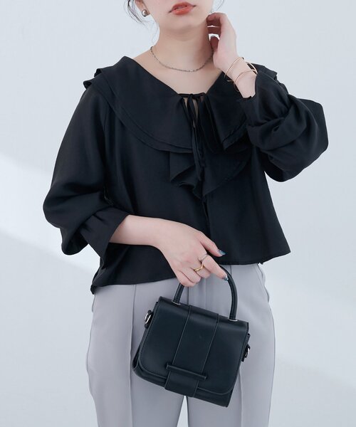 natural couture(ナチュラルクチュール)の「【sherbet line】接触冷感 ラッフル羽織ブラウス(シャツ/ブラウス・レディース・ブラック/サックスブルー/ピンクベージュ/オフホワイト・FREE)」の12枚目の写真