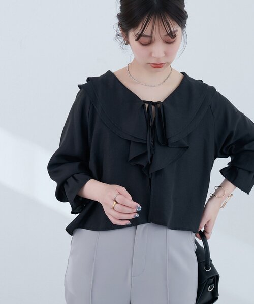 natural couture(ナチュラルクチュール)の「【sherbet line】接触冷感 ラッフル羽織ブラウス(シャツ/ブラウス・レディース・ブラック/サックスブルー/ピンクベージュ/オフホワイト・FREE)」の14枚目の写真