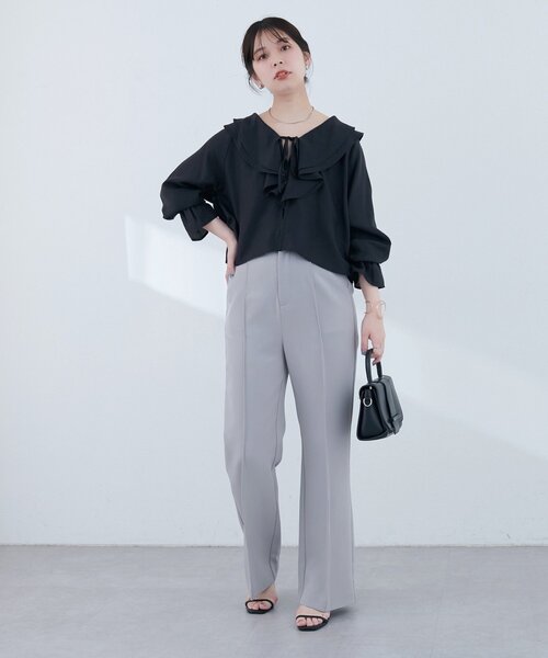 natural couture(ナチュラルクチュール)の「【sherbet line】接触冷感 ラッフル羽織ブラウス(シャツ/ブラウス・レディース・ブラック/サックスブルー/ピンクベージュ/オフホワイト・FREE)」の15枚目の写真