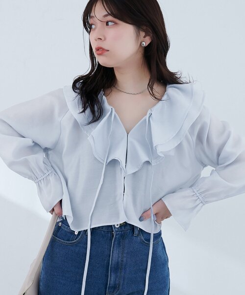 natural couture(ナチュラルクチュール)の「【sherbet line】接触冷感 ラッフル羽織ブラウス(シャツ/ブラウス・レディース・ブラック/サックスブルー/ピンクベージュ/オフホワイト・FREE)」の16枚目の写真