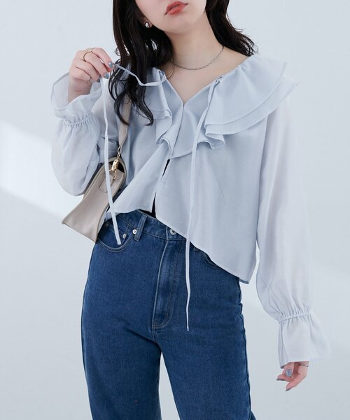 natural couture(ナチュラルクチュール)の「【sherbet line】接触冷感 ラッフル羽織ブラウス(シャツ/ブラウス・レディース・ブラック/サックスブルー/ピンクベージュ/オフホワイト・FREE)」の17枚目の写真