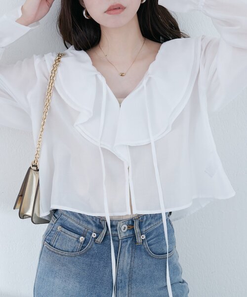 natural couture(ナチュラルクチュール)の「【sherbet line】接触冷感 ラッフル羽織ブラウス(シャツ/ブラウス・レディース・ブラック/サックスブルー/ピンクベージュ/オフホワイト・FREE)」の1枚目の写真