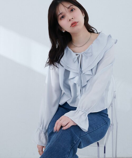 natural couture(ナチュラルクチュール)の「【sherbet line】接触冷感 ラッフル羽織ブラウス(シャツ/ブラウス・レディース・ブラック/サックスブルー/ピンクベージュ/オフホワイト・FREE)」の18枚目の写真