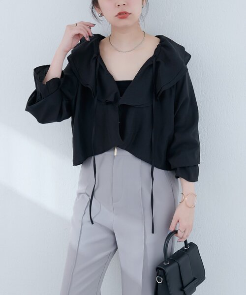 natural couture(ナチュラルクチュール)の「【sherbet line】接触冷感 ラッフル羽織ブラウス(シャツ/ブラウス・レディース・ブラック/サックスブルー/ピンクベージュ/オフホワイト・FREE)」の13枚目の写真
