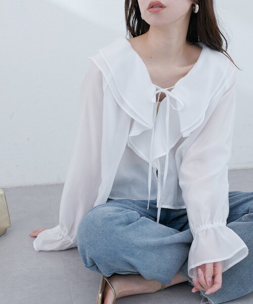 natural couture(ナチュラルクチュール)の「【sherbet line】接触冷感 ラッフル羽織ブラウス(シャツ/ブラウス・レディース・ブラック/サックスブルー/ピンクベージュ/オフホワイト・FREE)」の10枚目の写真