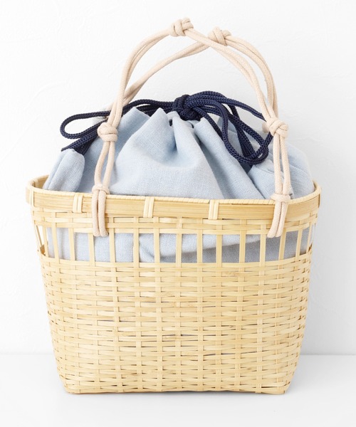 浴衣に合う】ナチュラルカラーの巾着付きかごバッグ／淡色（かご