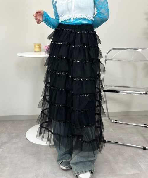 LYEON（リヨン）の「ティアードラメスカート（スカート・レディース・ブラック/ホワイト・FREE）」の5枚目の写真