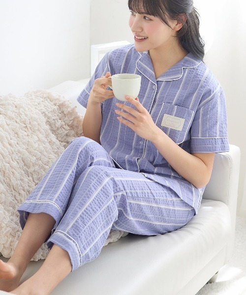 綿100％ストライプロゴ刺繍半袖前開きパジャマ（ルームウェア/パジャマ