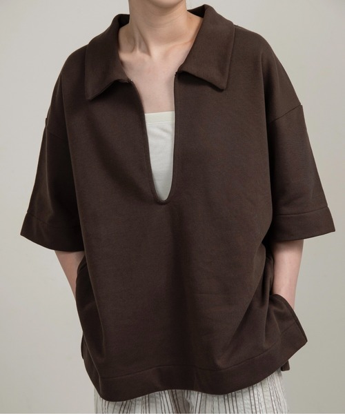 lawgy(ラウジー)の「over size polo like tops / オーバーサイズポロライクトップス(Tシャツ/カットソー・レディース・ブラウン/オートミール/ヘザーグレー・FREE)」の7枚目の写真