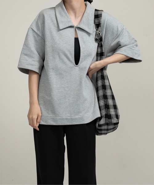 lawgy(ラウジー)の「over size polo like tops / オーバーサイズポロライクトップス(Tシャツ/カットソー・レディース・ブラウン/オートミール/ヘザーグレー・FREE)」の9枚目の写真