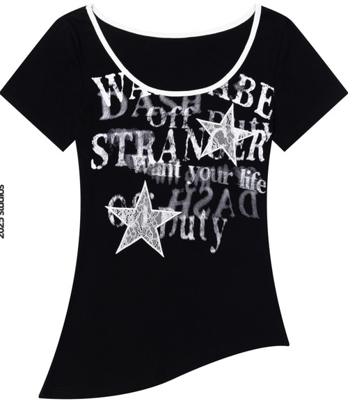 ZIPPER CLUB（ZIPPER CLUB ジッパークラブ）の「asymmetry rock print Tshirt（Tシャツ/カットソー・レディース・ブラック/ホワイト・SMALL/LARGE/MEDIUM）」の17枚目の写真