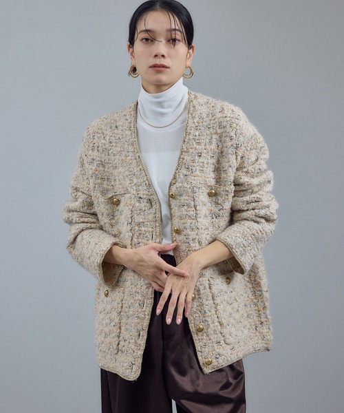 ツイードニットVネックジャケット（カーディガン/ボレロ）｜SALON adam