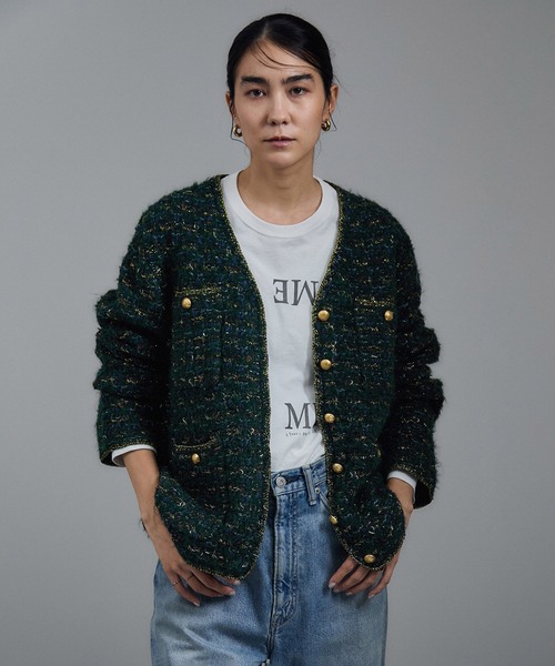 サロンアダムエロペ　ツイードニットVネックジャケット ツイードニットVネックジャケット（カーディガン/ボレロ）｜SALON adam