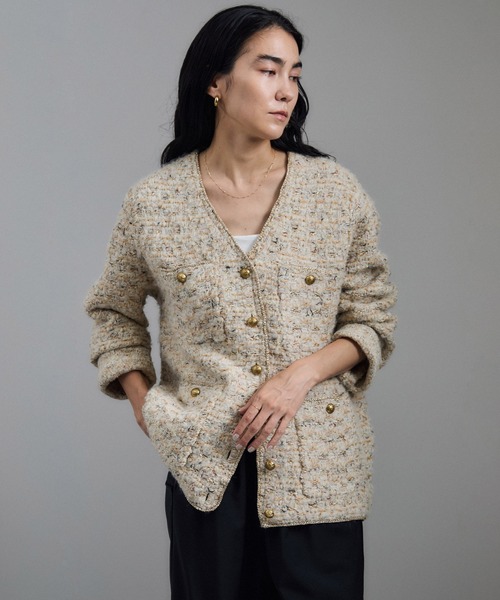 新品タグ付きSALON adamet ropeツイードニットVネックジャケット ツイードニットVネックジャケット（カーディガン/ボレロ）｜SALON adam