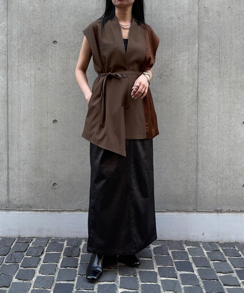 &g'aime】アシメサテンMIXベスト Asymmetric Satin-Panel Vest