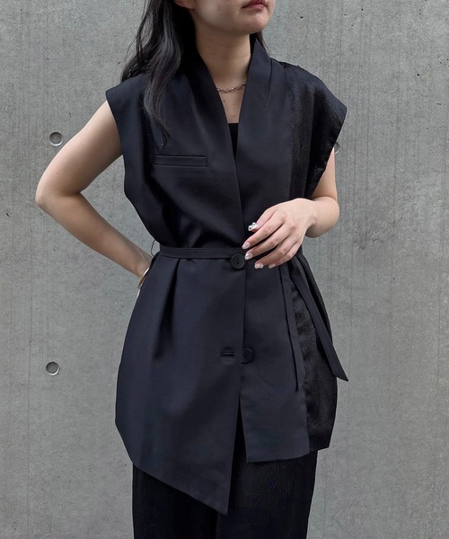 &g'aime】アシメサテンMIXベスト Asymmetric Satin-Panel Vest
