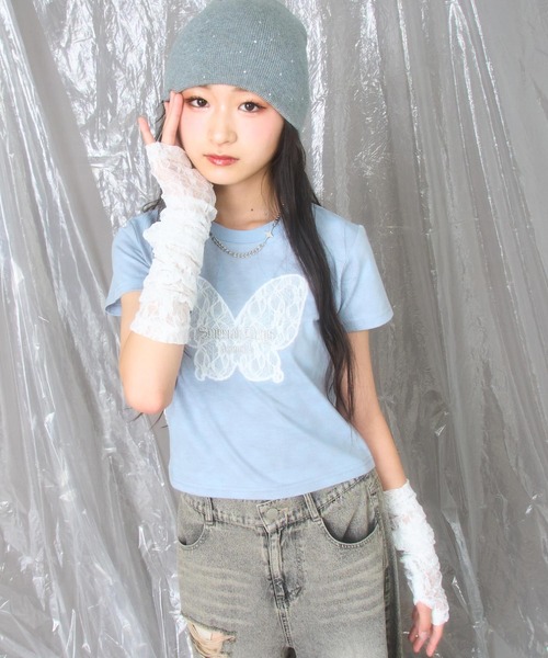 ANAP GiRL(アナップガール)の「レース アームウォーマー付 バタフライ ミニトップス【キッズお揃い】(Tシャツ/カットソー・キッズ・ブラック系その他/サックスブルー・M/S/XS)」の2枚目の写真