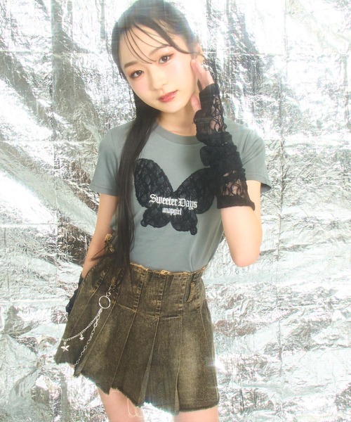 ANAP GiRL(アナップガール)の「レース アームウォーマー付 バタフライ ミニトップス【キッズお揃い】(Tシャツ/カットソー・キッズ・ブラック系その他/サックスブルー・M/S/XS)」の3枚目の写真