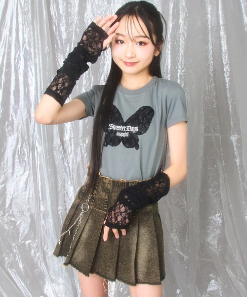 ANAP GiRL(アナップガール)の「レース アームウォーマー付 バタフライ ミニトップス【キッズお揃い】(Tシャツ/カットソー・キッズ・ブラック系その他/サックスブルー・M/S/XS)」の5枚目の写真