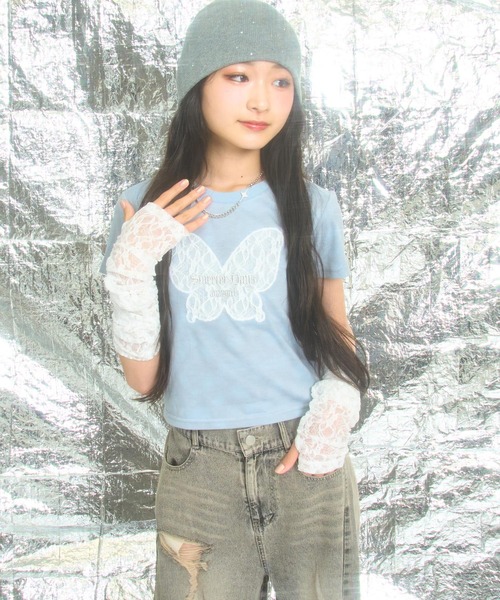 ANAP GiRL(アナップガール)の「レース アームウォーマー付 バタフライ ミニトップス【キッズお揃い】(Tシャツ/カットソー・キッズ・ブラック系その他/サックスブルー・M/S/XS)」の8枚目の写真