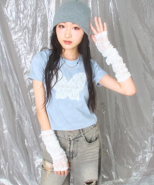 ANAP GiRL(アナップガール)の「レース アームウォーマー付 バタフライ ミニトップス【キッズお揃い】(Tシャツ/カットソー・キッズ・ブラック系その他/サックスブルー・M/S/XS)」の10枚目の写真