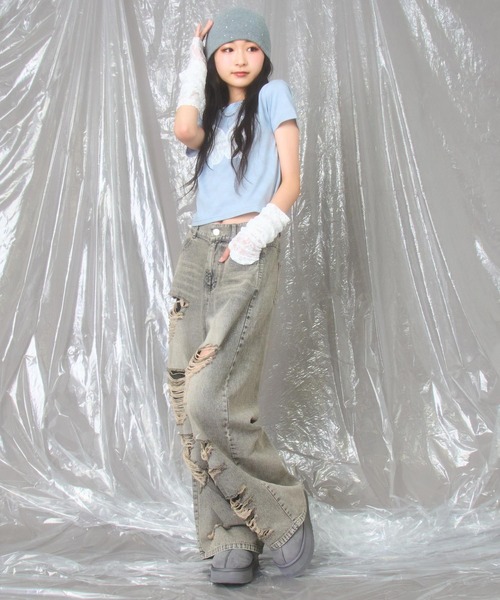 ANAP GiRL(アナップガール)の「レース アームウォーマー付 バタフライ ミニトップス【キッズお揃い】(Tシャツ/カットソー・キッズ・ブラック系その他/サックスブルー・M/S/XS)」の14枚目の写真