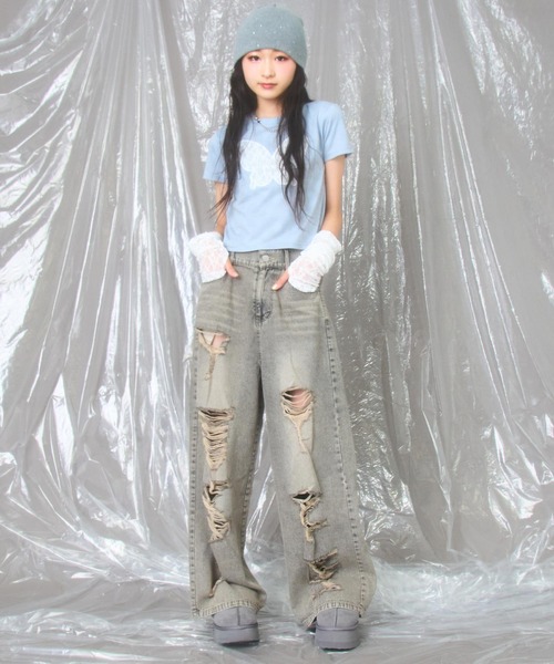 ANAP GiRL(アナップガール)の「レース アームウォーマー付 バタフライ ミニトップス【キッズお揃い】(Tシャツ/カットソー・キッズ・ブラック系その他/サックスブルー・M/S/XS)」の13枚目の写真