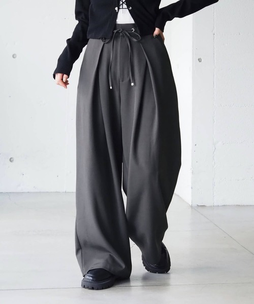 セール】【ZOZO限定アイテム】ウエスト紐付タックワイドパンツ