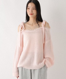 ピンク オフショルダー ニット セーター新品 Olu. ニット セーター メッシュデザインオフショルダーニット