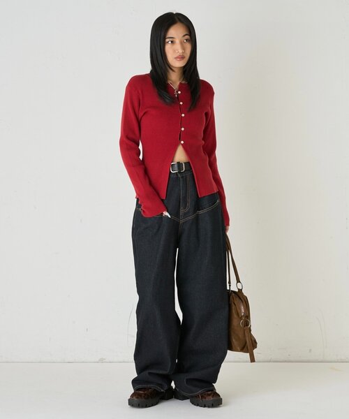 WHO'S WHO gallery（フーズフーギャラリー）の「RIBBED KINT NARROW CARDIGAN（カーディガン/ボレロ・レディース・グレー/アイボリー/ブラック/レッド/ネイビー・FREE）」の9枚目の写真