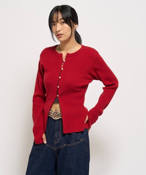 WHO'S WHO gallery（フーズフーギャラリー）の「RIBBED KINT NARROW CARDIGAN（カーディガン/ボレロ・レディース・グレー/アイボリー/ブラック/レッド/ネイビー・FREE）」の10枚目の写真