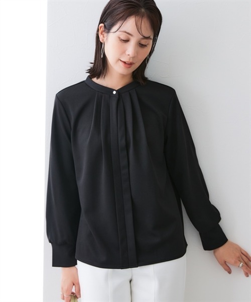 トップス　ブラック セール】【裏側起毛であったか】フロントタックトップス<大きいサイズ