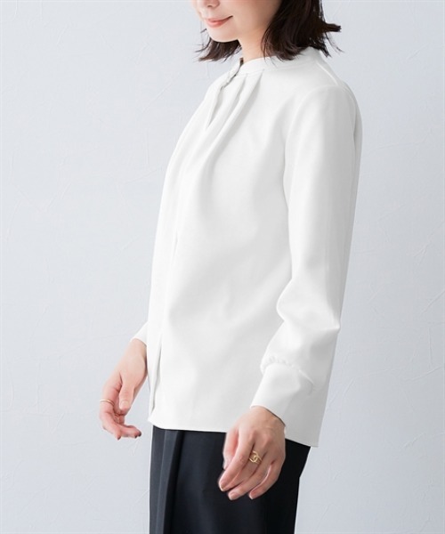 ブラウス トップス　ホワイト セール】【裏側起毛であったか】フロントタックトップス<大きいサイズ