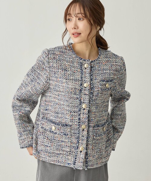 Petit Honfleur(プチオンフルール)の「フリンジノーカラーツイードジャケット(その他アウター・レディース・ネイビー・11号/9号)」の3枚目の写真