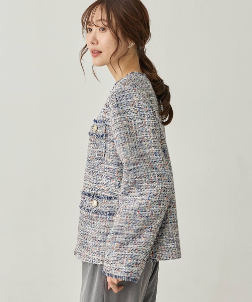 Petit Honfleur(プチオンフルール)の「フリンジノーカラーツイードジャケット(その他アウター・レディース・ネイビー・11号/9号)」の5枚目の写真