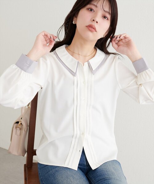 natural couture(ナチュラルクチュール)の「配色2枚衿ブラウス(シャツ/ブラウス・レディース・ネイビー/ダークブラウン/グレイッシュベージュ/アイボリー・FREE)」の3枚目の写真
