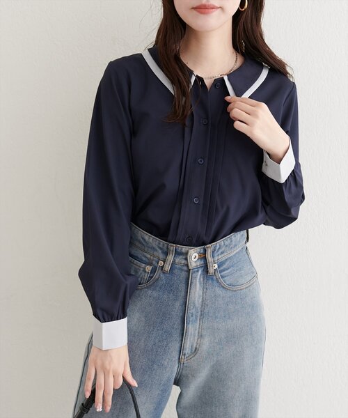 natural couture(ナチュラルクチュール)の「配色2枚衿ブラウス(シャツ/ブラウス・レディース・ネイビー/ダークブラウン/グレイッシュベージュ/アイボリー・FREE)」の12枚目の写真