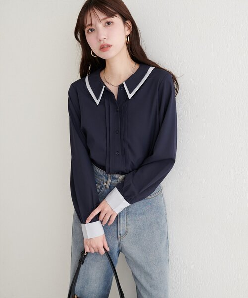 natural couture(ナチュラルクチュール)の「配色2枚衿ブラウス(シャツ/ブラウス・レディース・ネイビー/ダークブラウン/グレイッシュベージュ/アイボリー・FREE)」の14枚目の写真