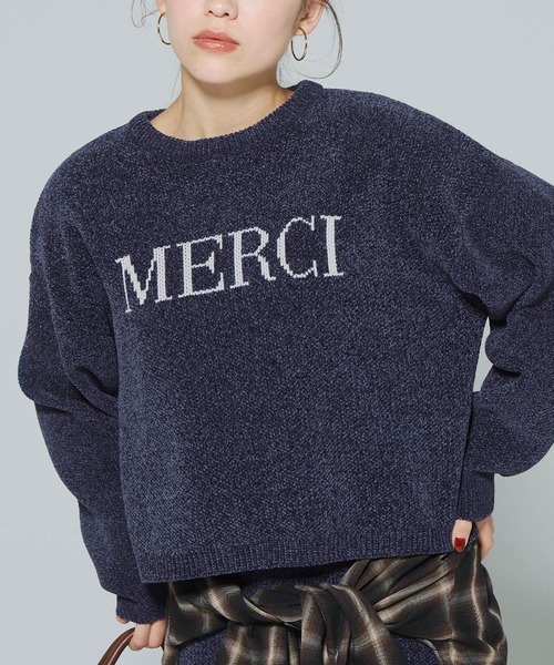 新品未使用　CHERVO ロゴ入りセーター サイズ48 ホワイト/ネイビー WOMEN】【洗える】ストレッチカラー ニット