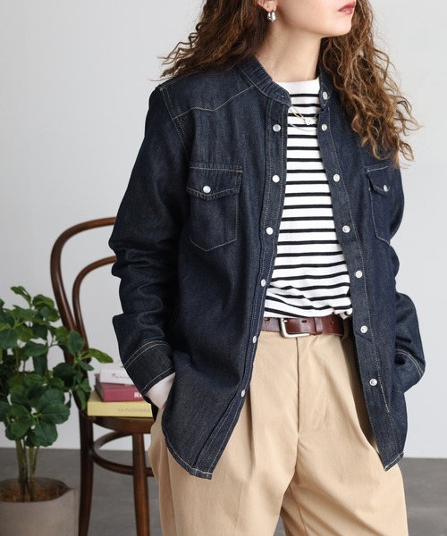 atONE(アットワン)の「ノーカラーウエスタンデニムシャツ(シャツ/ブラウス・レディース・ブルー/ワンウォッシュ/ネイビー・4L/L/M/LL/3L)」の21枚目の写真