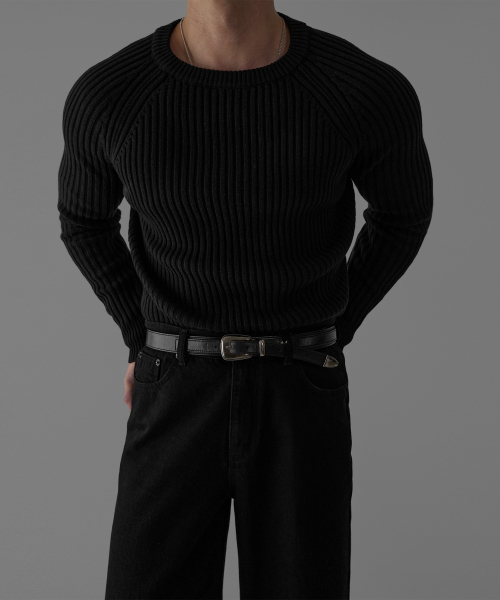 Ribbed Raglan Muscle Knit [Black]
