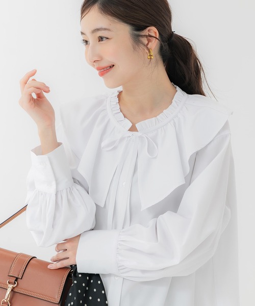 coca(coca)(コカ)の「襟フリルオーバーサイズシャツ(シャツ/ブラウス・レディース・ホワイト/ストライプ・L/M/S)」の5枚目の写真