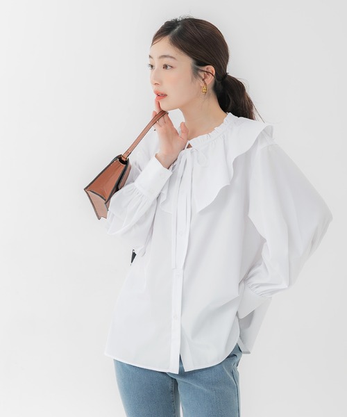 coca(coca)(コカ)の「襟フリルオーバーサイズシャツ(シャツ/ブラウス・レディース・ホワイト/ストライプ・L/M/S)」の7枚目の写真
