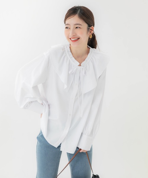 coca(coca)(コカ)の「襟フリルオーバーサイズシャツ(シャツ/ブラウス・レディース・ホワイト/ストライプ・L/M/S)」の8枚目の写真