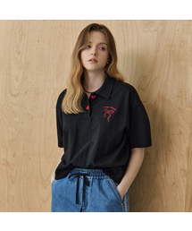 リボン刺繍ボリュームスリーブカラー付き半袖Tシャツ