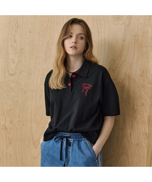MAXZA(マージャコレクション)の「リボン刺繍ボリュームスリーブカラー付き半袖Tシャツ(Tシャツ/カットソー・レディース・グレー/ブラック・FREE)」の2枚目の写真